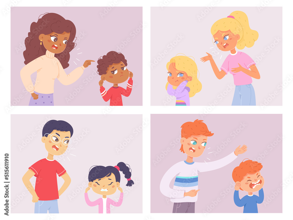 Angry parents and stubborn children set, kids ignore yelling mothers or fathers shouts Angry parents and stubborn children set, kids ignore yelling mothers or fathers shouts