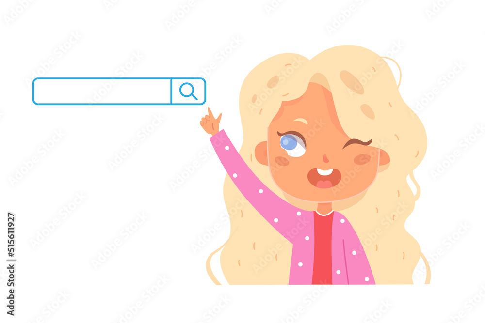 Searching for information on web by cute girl raising hand to button of search system Searching for information on web by cute girl raising hand to button of search system