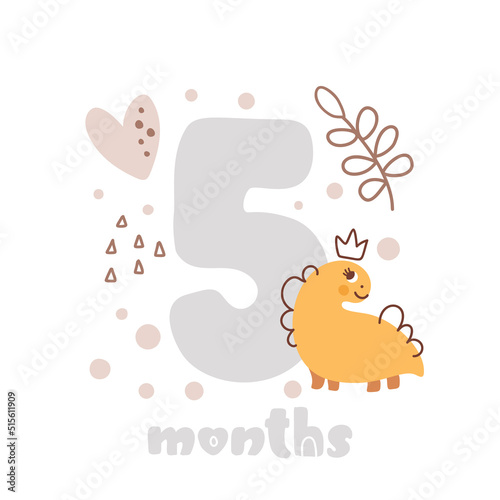 5 five months anniversary card. Baby shower print with cute animal dino and flowers capturing all special moments. Baby milestone card for newborn girl