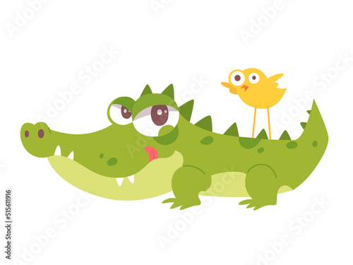 Fototapeta Naklejka Na Ścianę i Meble -  Cute crocodile character with yellow adorable bird, yellow friend standing on alligator