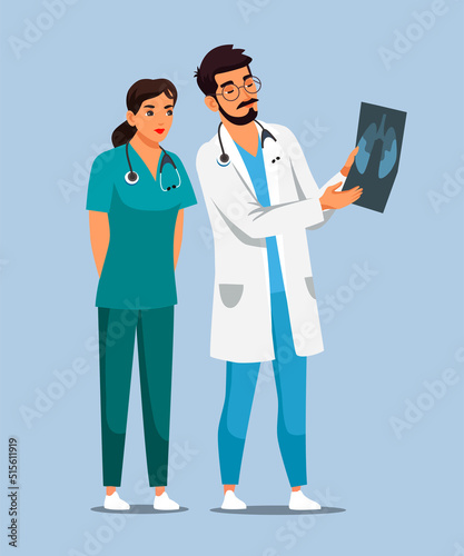 Doctor and nurse study and discuss x-ray patient lung image. Man pulmonologist and woman therapist assistant examine fluorography result, disease determination. Medicine and pulmonological care