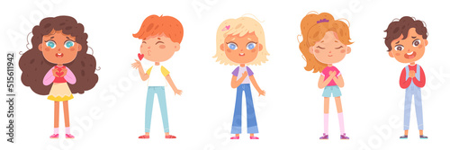Sincere love and feelings of children set, boy girl keep hands on chests, send air kiss