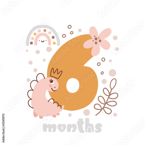 6 six months anniversary card. Baby shower print with cute animal dino and flowers capturing all special moments. Baby milestone card for newborn girl