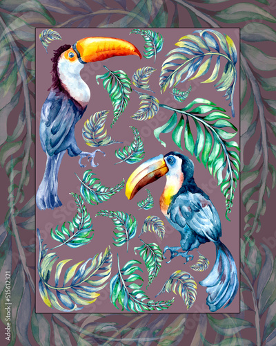 Vertical print with birds toucan, palm trees watercolor illustration on purple background © Katyalanbina@gmail 