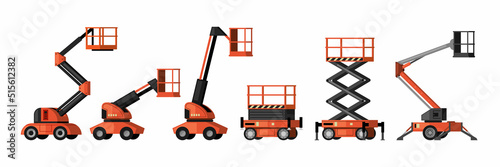 Lifting vehicles. industrial mashine with lifting platforms for builders telescopic and hydraulic cars. Vector cartoon illustrations photo