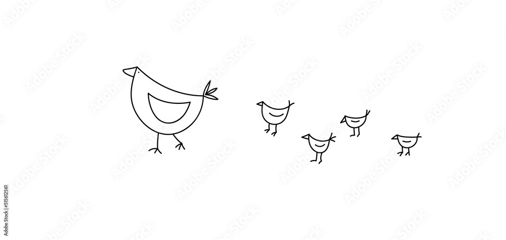 Vector Monoline Cute Bird hen with chickens. line art outline logo icon sign symbol design concept. Children scandinavian style illustration