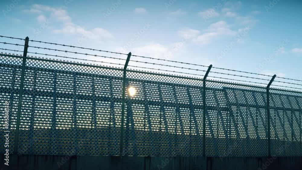 Sun rays shining through a double security fence at sunset. Border fence at desert. Sun rays shining through a double security fence at sunset. Border fence at desert.