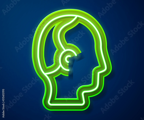 Glowing neon line Baldness icon isolated on blue background. Alopecia. Vector