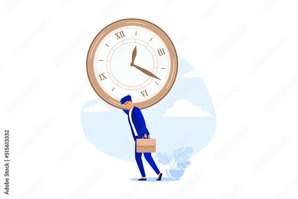 Time management failure, freedom to spend time with family and loved one, overworked or office worker routine work overtime concept, depressed businessman salary man carry heavy big clock burden. 