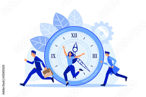 work time management concept, quick response, people rush to do everything on work matters, time is running out vector. flat design modern illustration