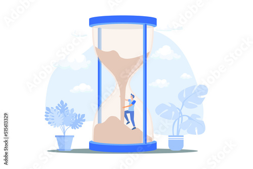 Time management, challenge to overcome to be success, manage to control time, working timeline concept, confidence businessman climbing falling sand as time fly in the hourglass or sandglass. 