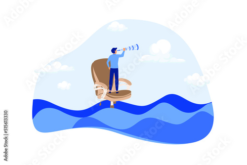 Career future or job opportunity, being ignore or overlook by boss or colleagues, uncertainty in work or career path concept, lonely businessman standing look for near future on sinking office chair. 