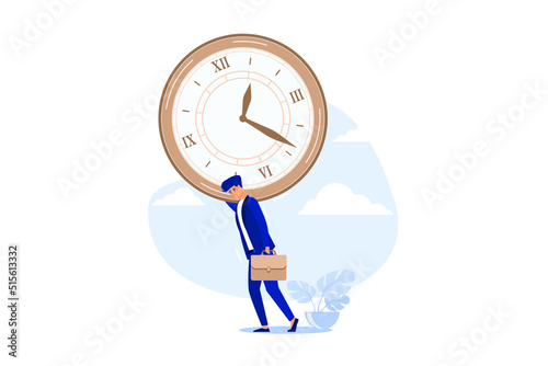 Time management failure, freedom to spend time with family and loved one, overworked or office worker routine work overtime concept, depressed businessman salary man carry heavy big clock burden. 