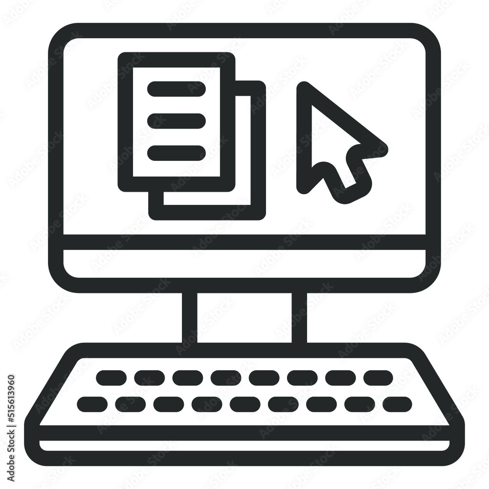 Monitor, keyboard, on monitor screen cursor and text file - vector sign, web icon, illustration on white background, outline style Monitor, keyboard, on monitor screen cursor and text file - vector sign, web icon, illustration on white background, outline style