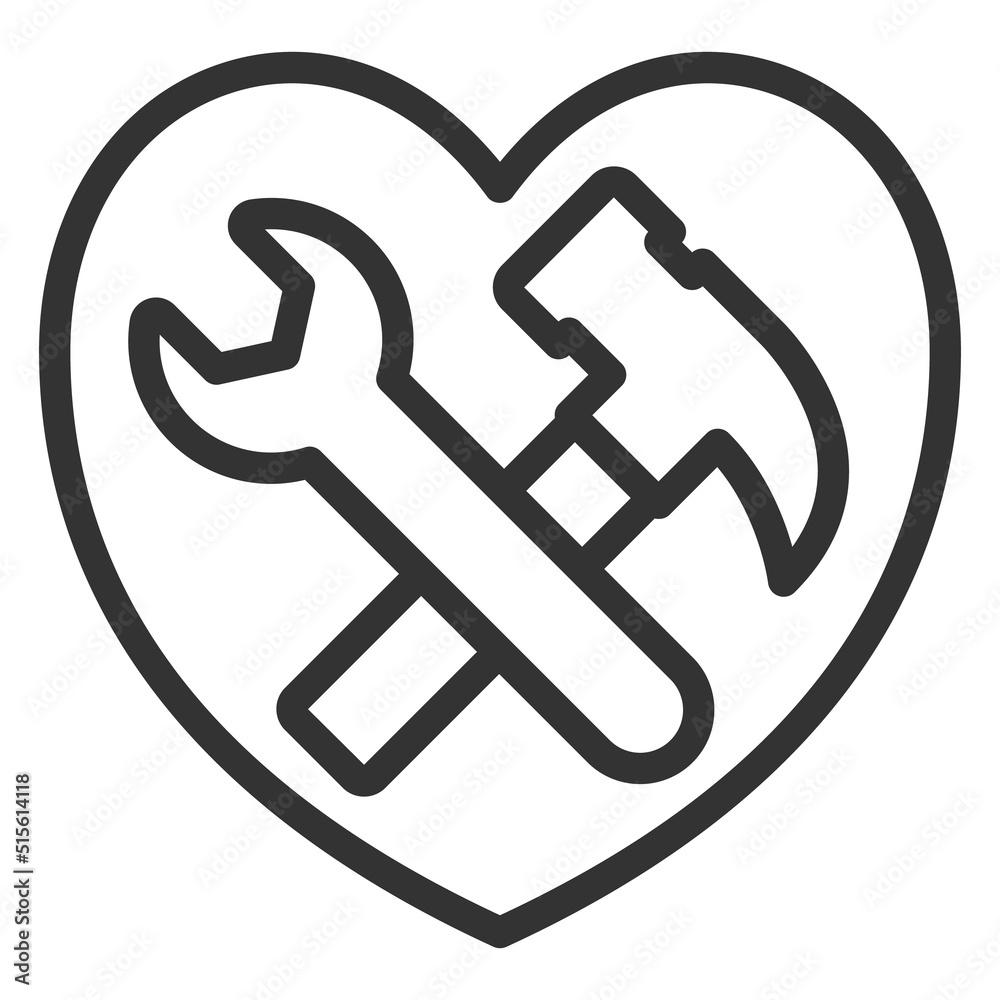 Wrench and hammer in the heart, tools for work - vector sign, web icon, illustration on a white background, outline style Wrench and hammer in the heart, tools for work - vector sign, web icon, illustration on a white background, outline style