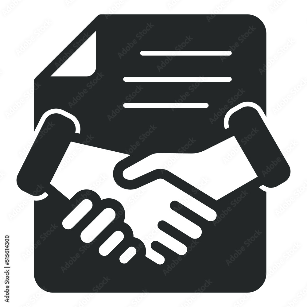 Handshake on the background of a cooperation agreement, a sheet of paper - vector sign, web icon, illustration on a white background, glyph style Handshake on the background of a cooperation agreement, a sheet of paper - vector sign, web icon, illustration on a white background, glyph style