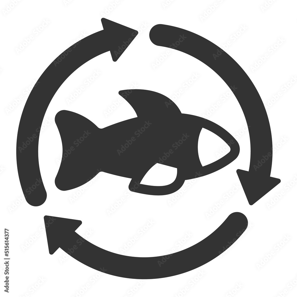 Fish and circular arrows, turnover of the fishing industry - vector sign, web icon, illustration on a white background, glyph style