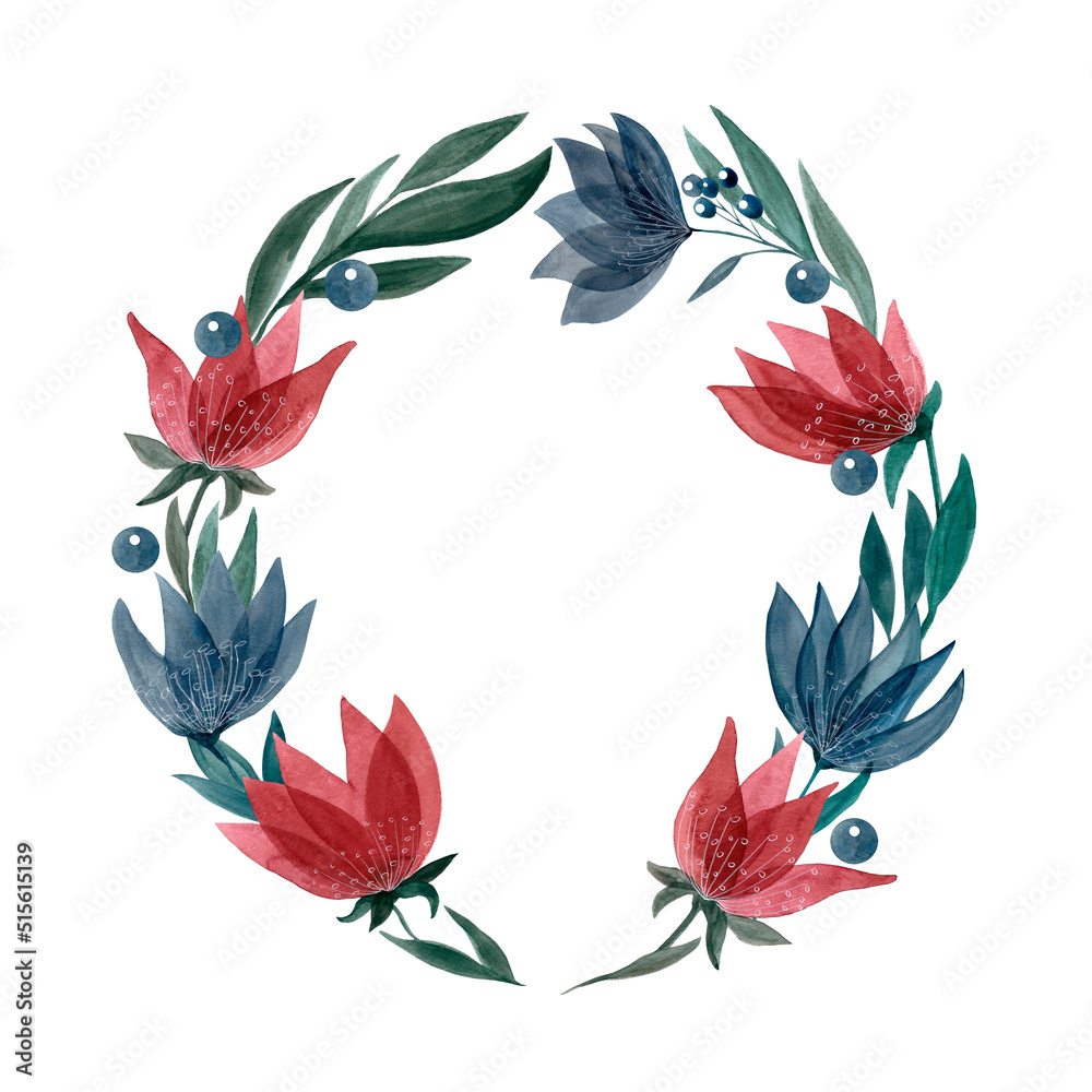 Frame made of watercolor red and blue flowers. Illustration isolated on white background Frame made of watercolor red and blue flowers. Illustration isolated on white background