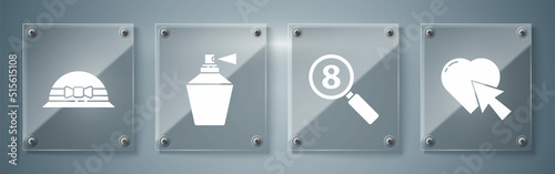 Set Heart and cursor click, Search 8 March, Perfume and Elegant women hat. Square glass panels. Vector