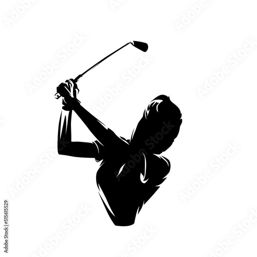 Golf, female golfer, abstract isolated vector silhouette. Golf swing logo