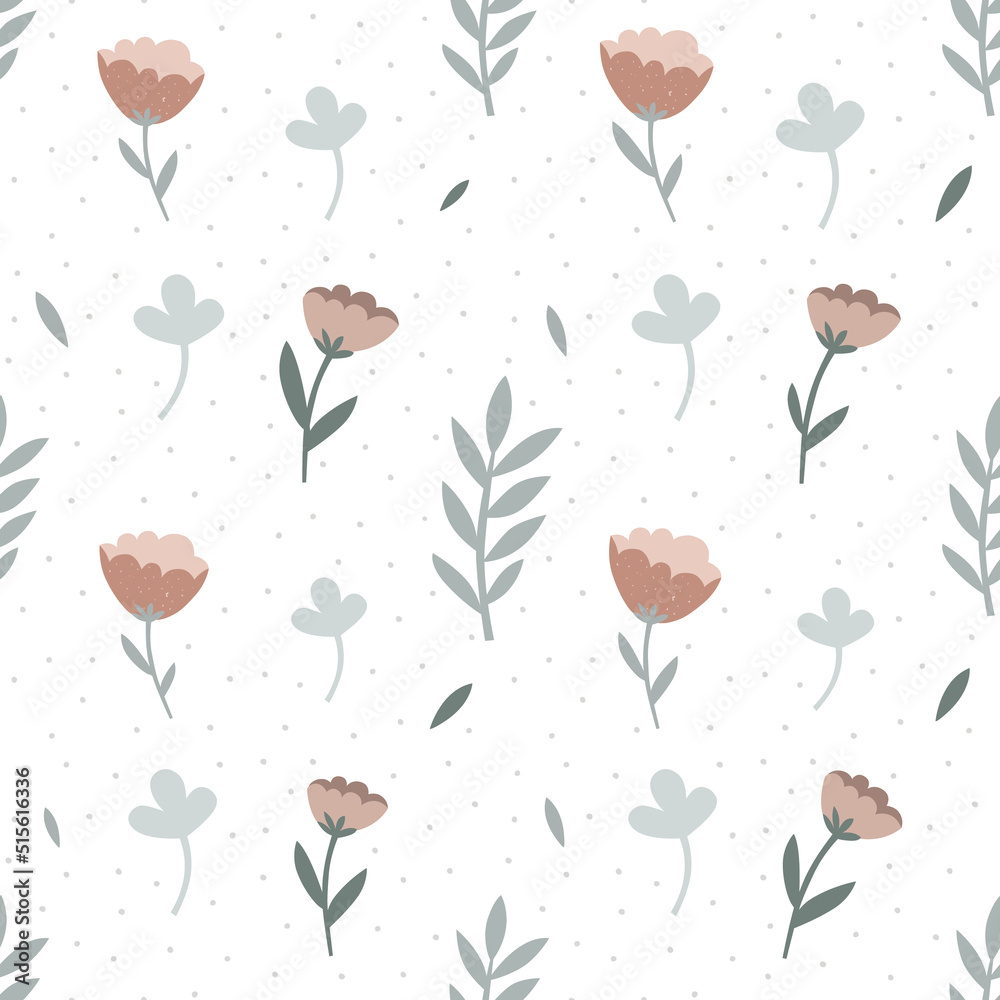 Drawn flowers, branches of plants, and clover leaves. Dots on a white background, a minimalist style. Seamless pattern, gentle pastel colors. Print design for the nursery. A meadow with spring flowers