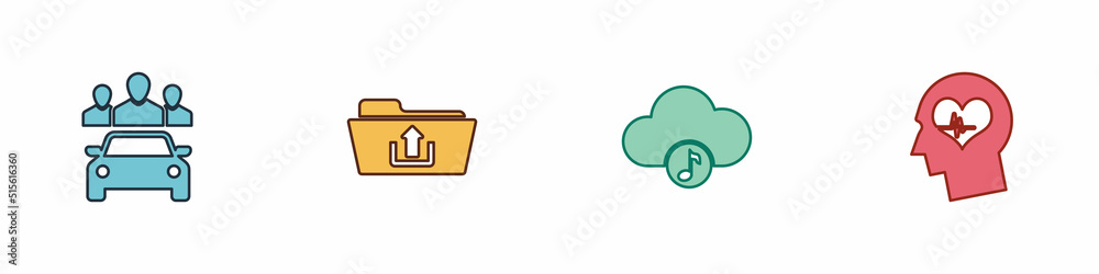 Set Car sharing, Folder upload, Music streaming service and Head with heartbeat icon. Vector Set Car sharing, Folder upload, Music streaming service and Head with heartbeat icon. Vector