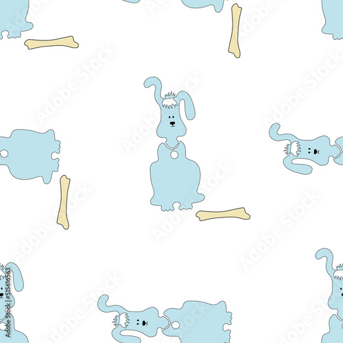 Vector drawing with a contour of a cartoon blue dog for a design for baby fabric, wallpaper, wrapping paper, scrapbook print. Seamless background.