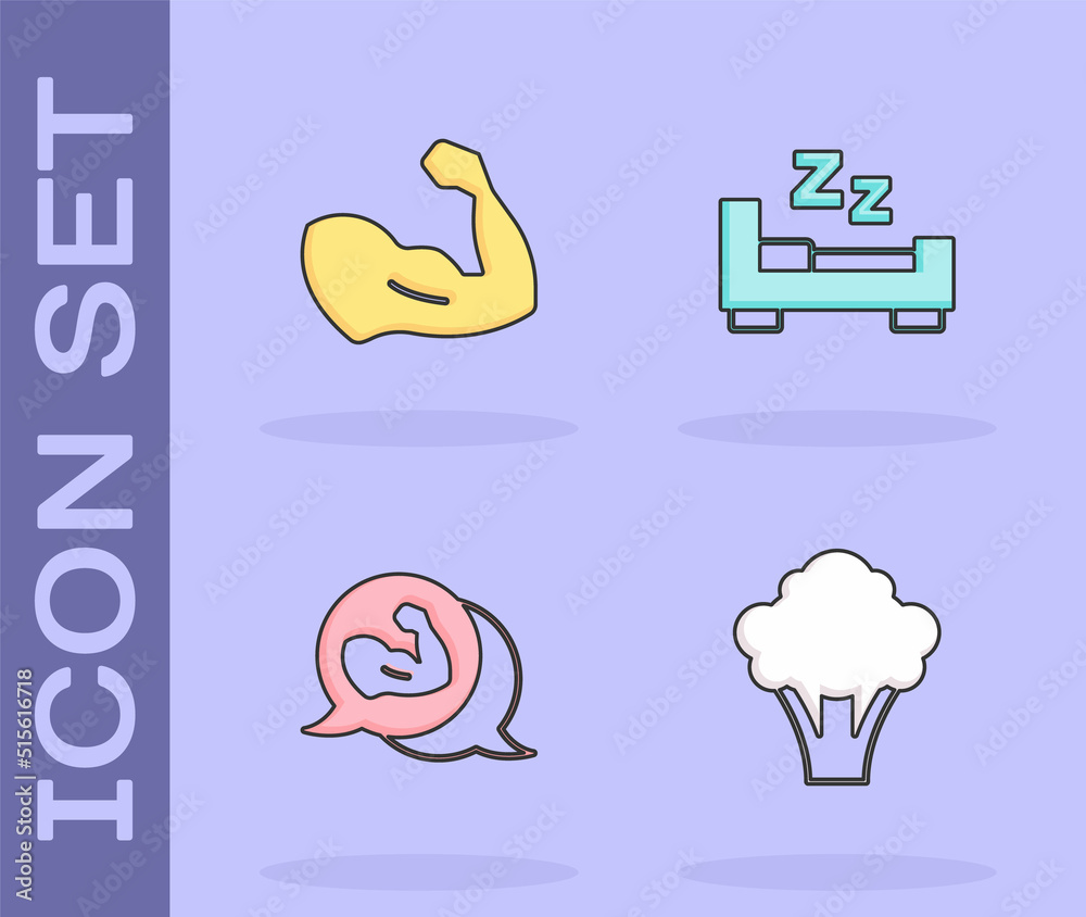 Set Broccoli, Bodybuilder muscle, and Time to sleep icon. Vector Set Broccoli, Bodybuilder muscle, and Time to sleep icon. Vector