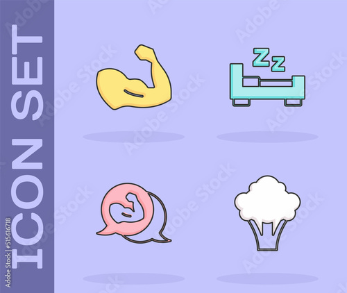 Set Broccoli, Bodybuilder muscle, and Time to sleep icon. Vector