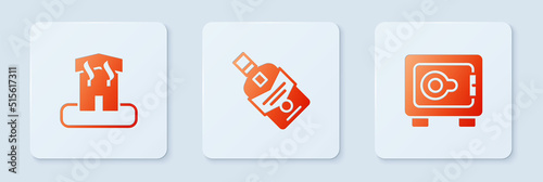 Set Whiskey bottle, Arson home and Safe. White square button. Vector