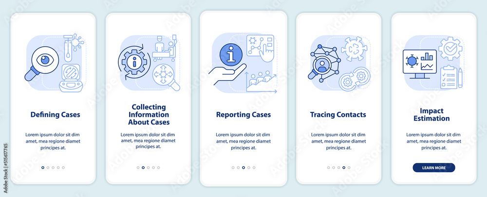 Disease monitoring steps light blue onboarding mobile app screen. Walkthrough 5 steps editable graphic instructions with linear concepts. UI, UX, GUI template. Myriad Pro-Bold, Regular fonts used