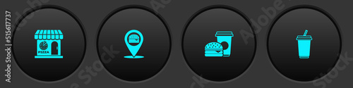 Set Pizzeria building facade, Location with burger, Coffee and and Glass water icon. Vector