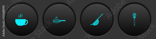 Set Coffee cup, Frying pan, Kitchen colander and whisk icon. Vector