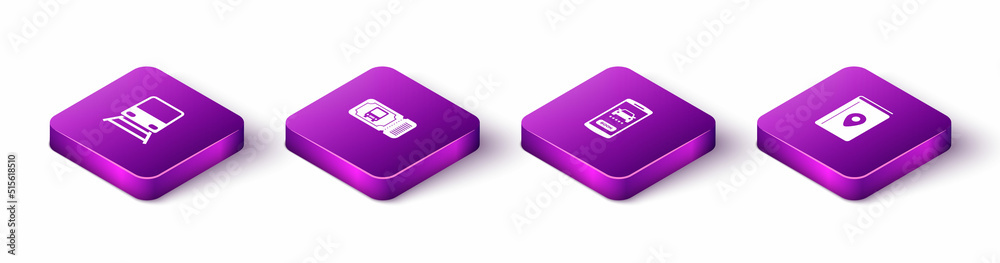 Set Isometric Train, Bus ticket, Online car sharing and Cover book travel guide icon. Vector Set Isometric Train, Bus ticket, Online car sharing and Cover book travel guide icon. Vector