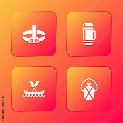 Set Head flashlight, Thermos container, Rafting boat and Canteen water bottle icon. Vector