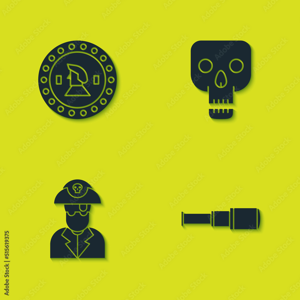 Set Pirate coin, Spyglass telescope lens, captain and Skull icon. Vector Set Pirate coin, Spyglass telescope lens, captain and Skull icon. Vector