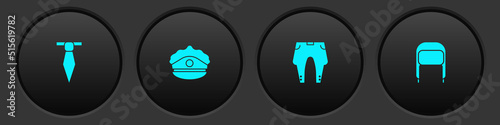 Set Tie, Police cap with cockade, Pants and Winter hat ear flaps icon. Vector