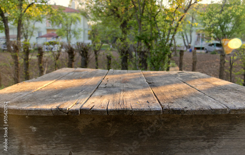 an old  worn garden table at the garden