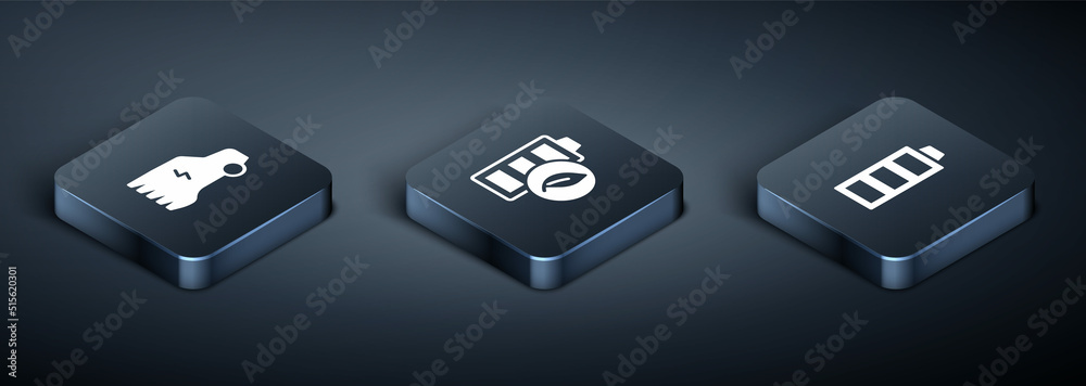 Set Isometric Electric car, Battery charge and Eco nature leaf battery icon. Vector Set Isometric Electric car, Battery charge and Eco nature leaf battery icon. Vector