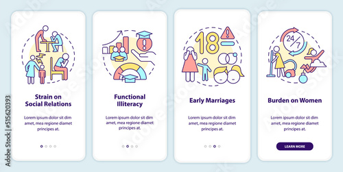 Social effects of overcrowding onboarding mobile app screen. Problems walkthrough 4 steps editable graphic instructions with linear concepts. UI, UX, GUI template. Myriad Pro-Bold, Regular fonts used