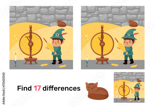 Find differences educational game. Rumpelstiltskin fairy tale. Kawaii cartoon character. Puzzle for children. Vector illustration. photo