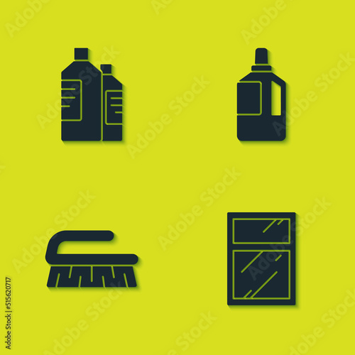 Set Bottles for cleaning agent, Cleaning service windows, Brush and Fabric softener icon. Vector