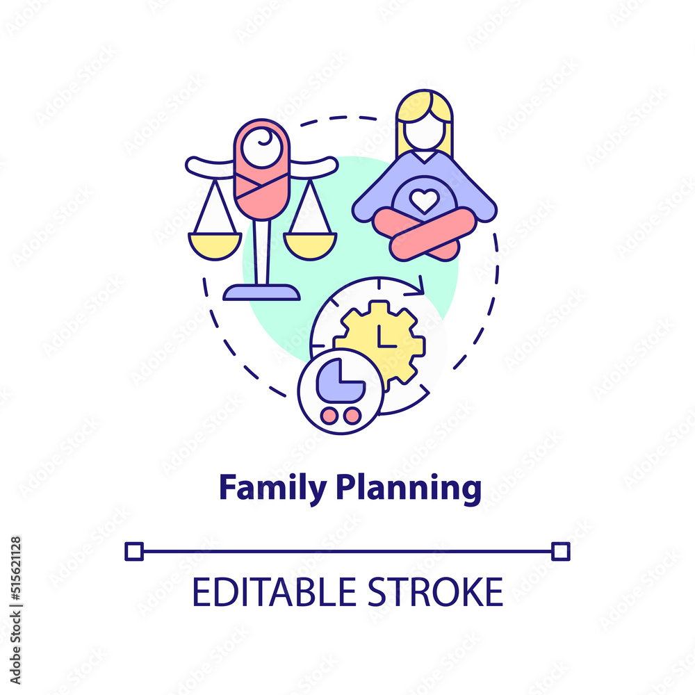 Family planning concept icon. Birth control. Solution to overpopulation abstract idea thin line illustration. Isolated outline drawing. Editable stroke. Arial, Myriad Pro-Bold fonts used