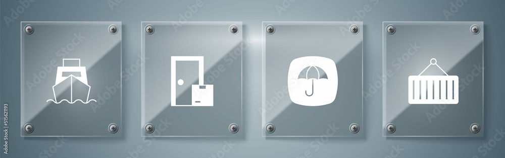 Set Container on crane, Delivery package with umbrella, Home delivery services and Cargo ship boxes. Square glass panels. Vector Set Container on crane, Delivery package with umbrella, Home delivery services and Cargo ship boxes. Square glass panels. Vector
