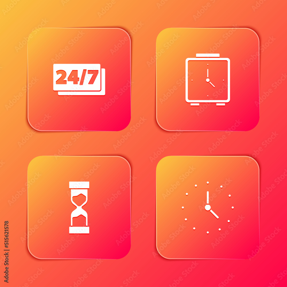 Set Clock 24 hours, Alarm clock, Old hourglass and icon. Vector Set Clock 24 hours, Alarm clock, Old hourglass and icon. Vector