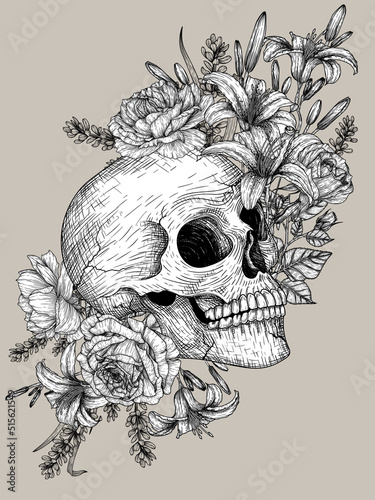 Vector illustration of a human skull in flowers in the style of engraving