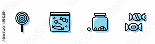 Set line Glass jar with candies inside, Lollipop, Candy packaging for sweets and icon. Vector