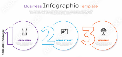 Set line Bag or packet potato chips, Bread toast and Noodles in box. Business infographic template. Vector