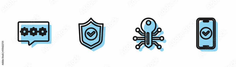 Set line Smart key, Password protection, Shield with check mark and Smartphone icon. Vector Set line Smart key, Password protection, Shield with check mark and Smartphone icon. Vector