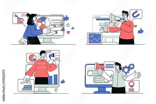 Digital marketing concept set in flat line design. Men and women create promo content, publish blog posts for users and make online advertising. Vector illustration with outline people scene for web